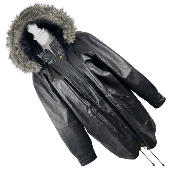 ACCENTS! RICH BLACK GENUINE LEATHER FAUX FUR TRIMMED HOOD PARKA COAT! SZ 1X - Picture 1 of 13